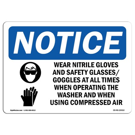 Signmission OSHA Sign, Wear Nitrile Gloves And With Symbol, 18in X 12in Rigid Plastic, 18" W, 12" H, Landscape OS-NS-P-1218-L-19010